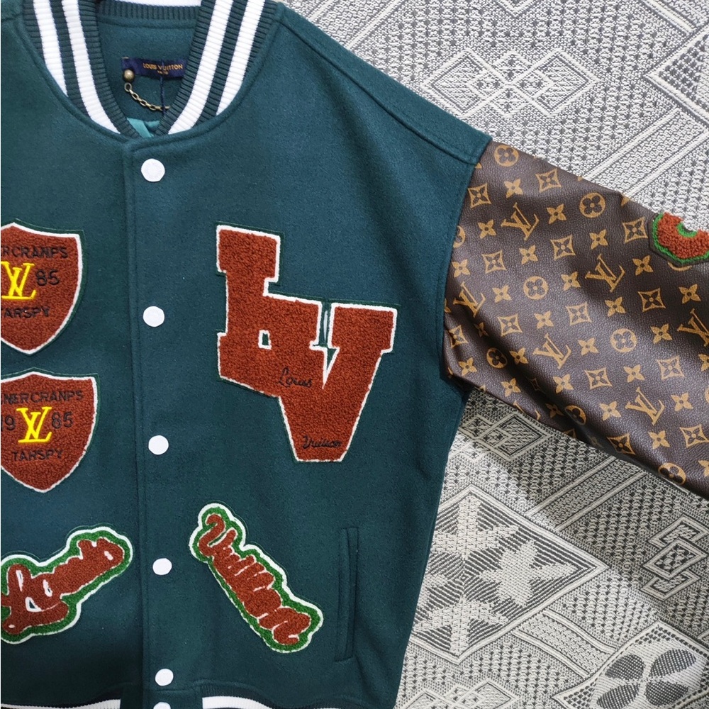 Louis Vuitton-Inspired Green Varsity Jacket with Brown Monogram Sleeves - Picture 3 of 11